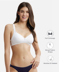 Wirefree Padded Super Combed Cotton Elastane Stretch Full Coverage T-Shirt Bra with Broad Fabric Straps - White