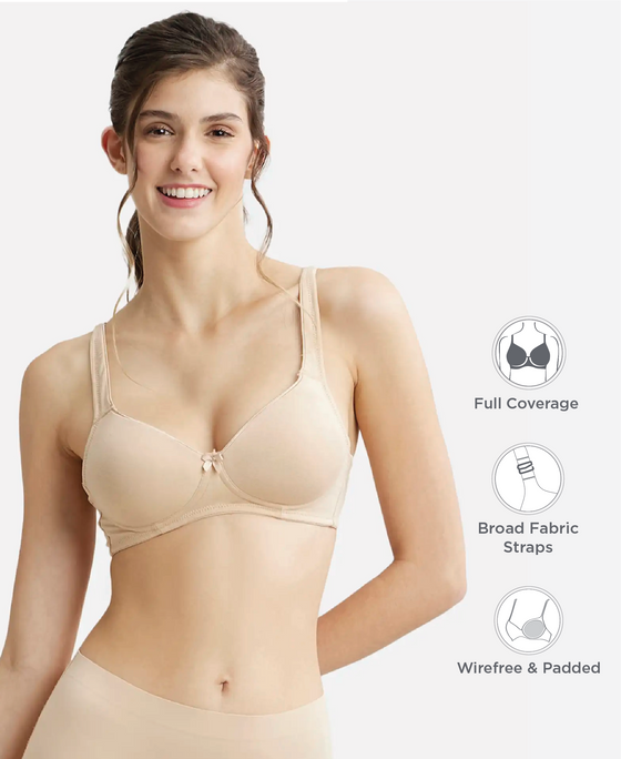 Wirefree Padded Super Combed Cotton Elastane Stretch Full Coverage T-Shirt Bra with Broad Fabric Straps - Light Skin