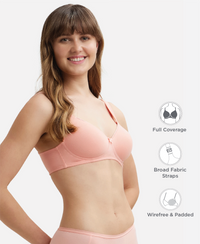 Wirefree Padded Super Combed Cotton Elastane Stretch Full Coverage T-Shirt Bra with Broad Fabric Straps - Candlelight Peach