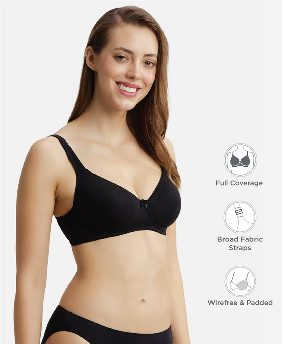 Wirefree Padded Super Combed Cotton Elastane Stretch Full Coverage T-Shirt Bra with Broad Fabric Straps - Black