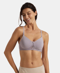 Wirefree Non Padded Super Combed Cotton Elastane Stretch Full Coverage Everyday Bra with Lace Styling - Lavender Aura
