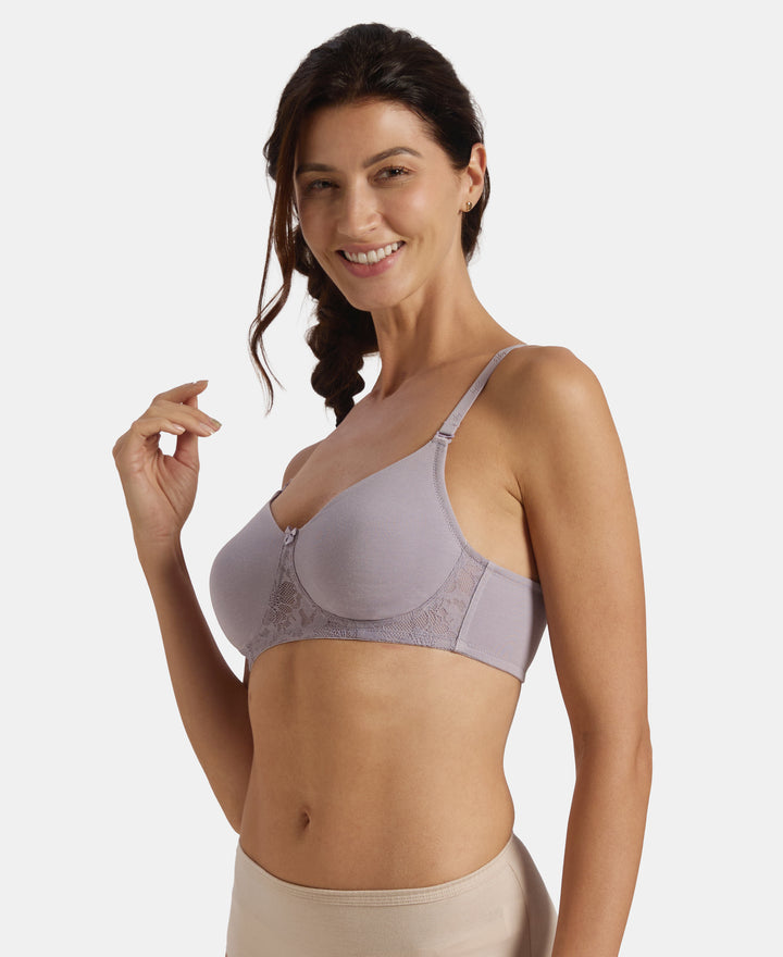 Wirefree Non Padded Super Combed Cotton Elastane Stretch Full Coverage Everyday Bra with Lace Styling - Lavender Aura