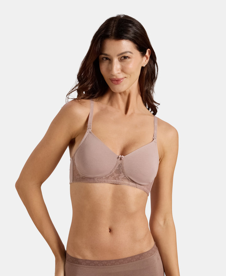 Wirefree Non Padded Super Combed Cotton Elastane Stretch Full Coverage Everyday Bra with Lace Styling - Mocha