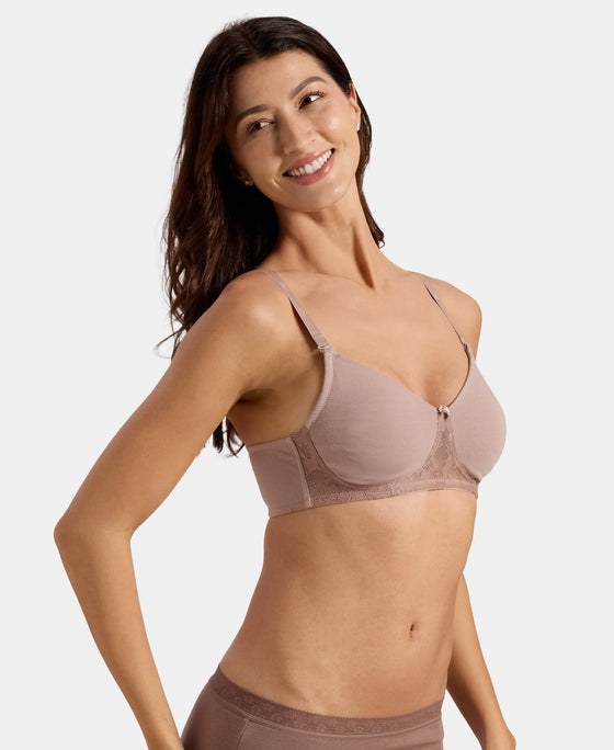 Wirefree Non Padded Super Combed Cotton Elastane Stretch Full Coverage Everyday Bra with Lace Styling - Mocha