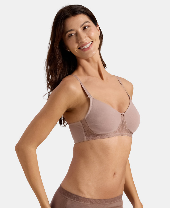 Wirefree Non Padded Super Combed Cotton Elastane Stretch Full Coverage Everyday Bra with Lace Styling - Mocha