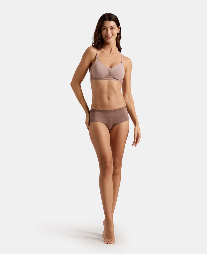 Wirefree Non Padded Super Combed Cotton Elastane Stretch Full Coverage Everyday Bra with Lace Styling - Mocha