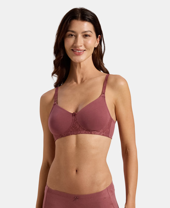 Wirefree Non Padded Super Combed Cotton Elastane Stretch Full Coverage Everyday Bra with Lace Styling - Wild Ginger