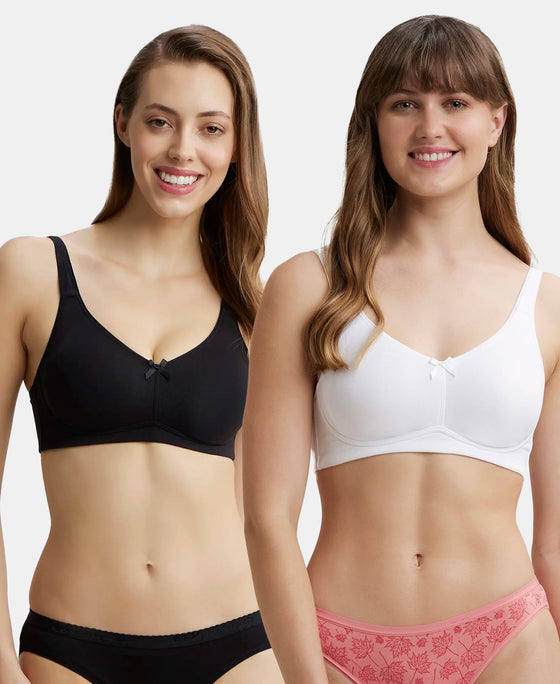 Pack of 2 Wirefree Non Padded Super Combed Cotton Elastane Stretch Full Coverage Everyday Bra with Concealed Shaper Panel - Black & White