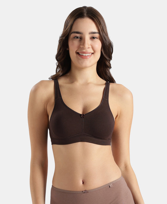 Wirefree Non Padded Super Combed Cotton Elastane Stretch Full Coverage Everyday Bra with Concealed Shaper Panel - Coffee