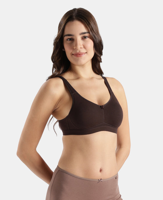 Wirefree Non Padded Super Combed Cotton Elastane Stretch Full Coverage Everyday Bra with Concealed Shaper Panel - Coffee
