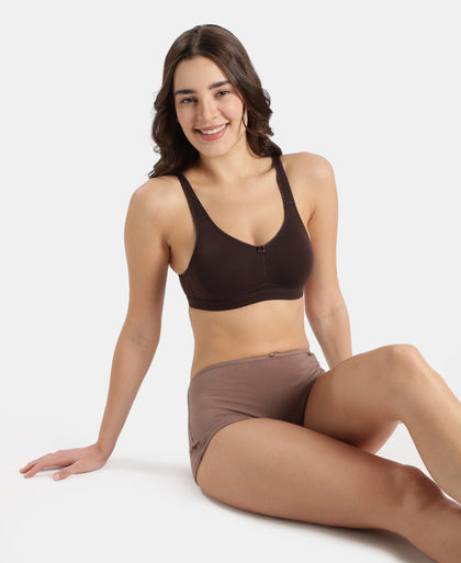 Wirefree Non Padded Super Combed Cotton Elastane Stretch Full Coverage Everyday Bra with Concealed Shaper Panel - Coffee
