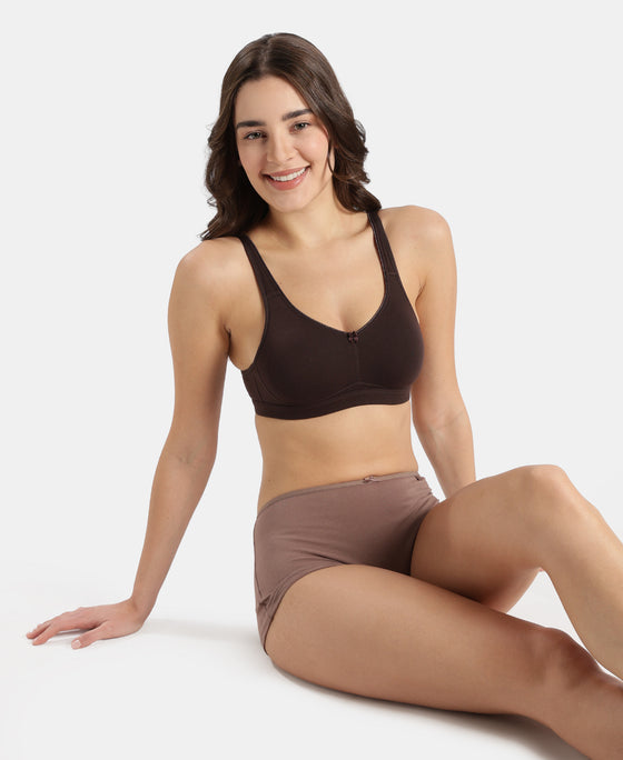 Wirefree Non Padded Super Combed Cotton Elastane Stretch Full Coverage Everyday Bra with Concealed Shaper Panel - Coffee
