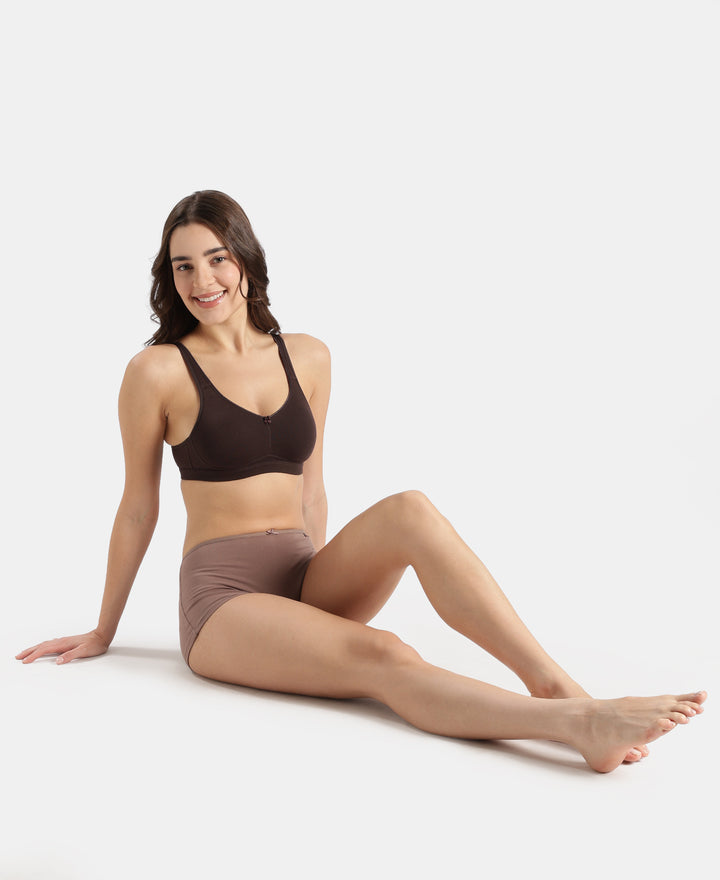 Wirefree Non Padded Super Combed Cotton Elastane Stretch Full Coverage Everyday Bra with Concealed Shaper Panel - Coffee