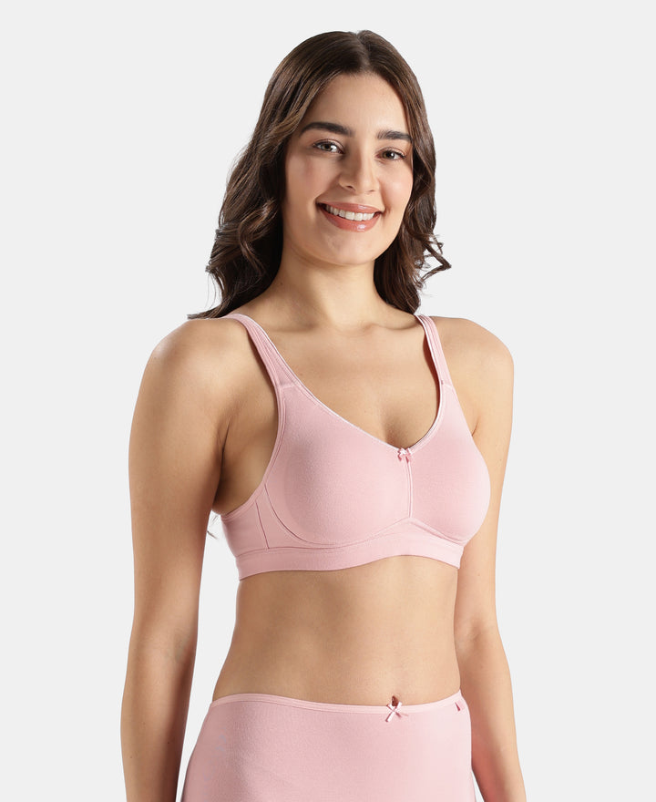 Wirefree Non Padded Super Combed Cotton Elastane Stretch Full Coverage Everyday Bra with Concealed Shaper Panel - Crush N Blush