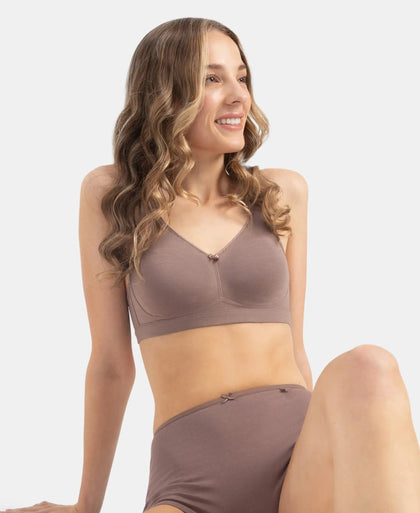 Wirefree Non Padded Super Combed Cotton Elastane Stretch Full Coverage Everyday Bra with Concealed Shaper Panel - Deep Taupe