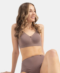 Wirefree Non Padded Plus Size Super Combed Cotton Elastane Stretch Full Coverage Everyday Bra with Concealed Shaper Panel - Deep Taupe
