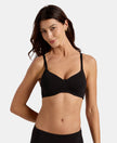 Wirefree Padded Super Combed Cotton Elastane Stretch Full Coverage T-Shirt Bra with Lace Styling on Wings - Black