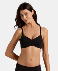 Wirefree Padded Super Combed Cotton Elastane Stretch Full Coverage T-Shirt Bra with Lace Styling on Wings - Black