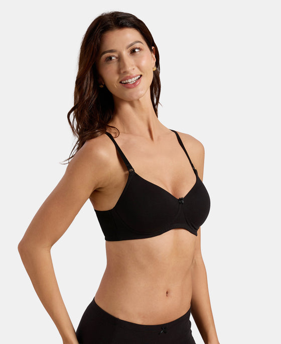 Wirefree Padded Super Combed Cotton Elastane Stretch Full Coverage T-Shirt Bra with Lace Styling on Wings - Black