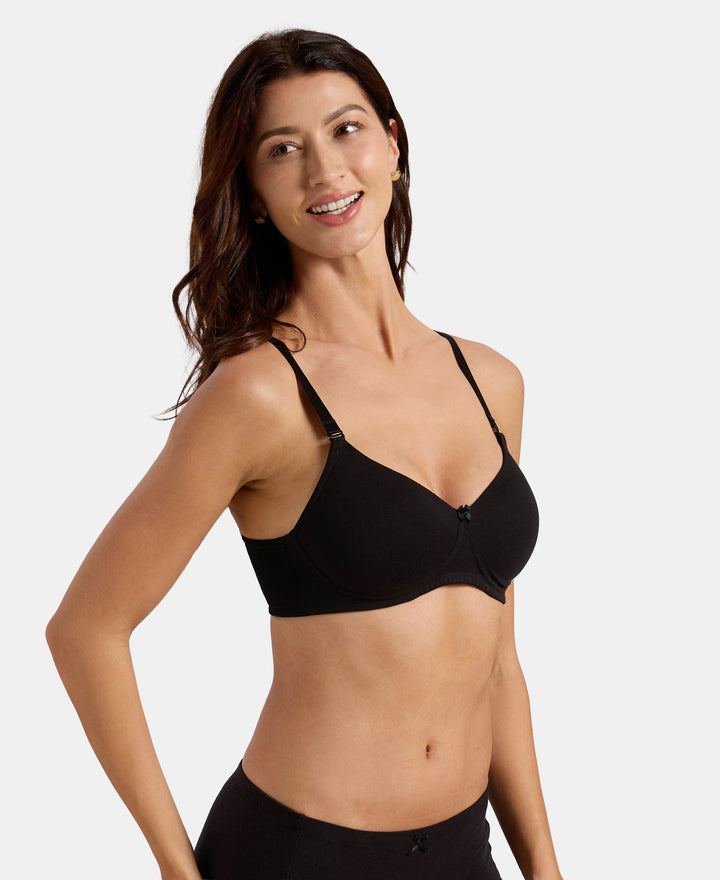 Wirefree Padded Super Combed Cotton Elastane Stretch Full Coverage T-Shirt Bra with Lace Styling on Wings - Black