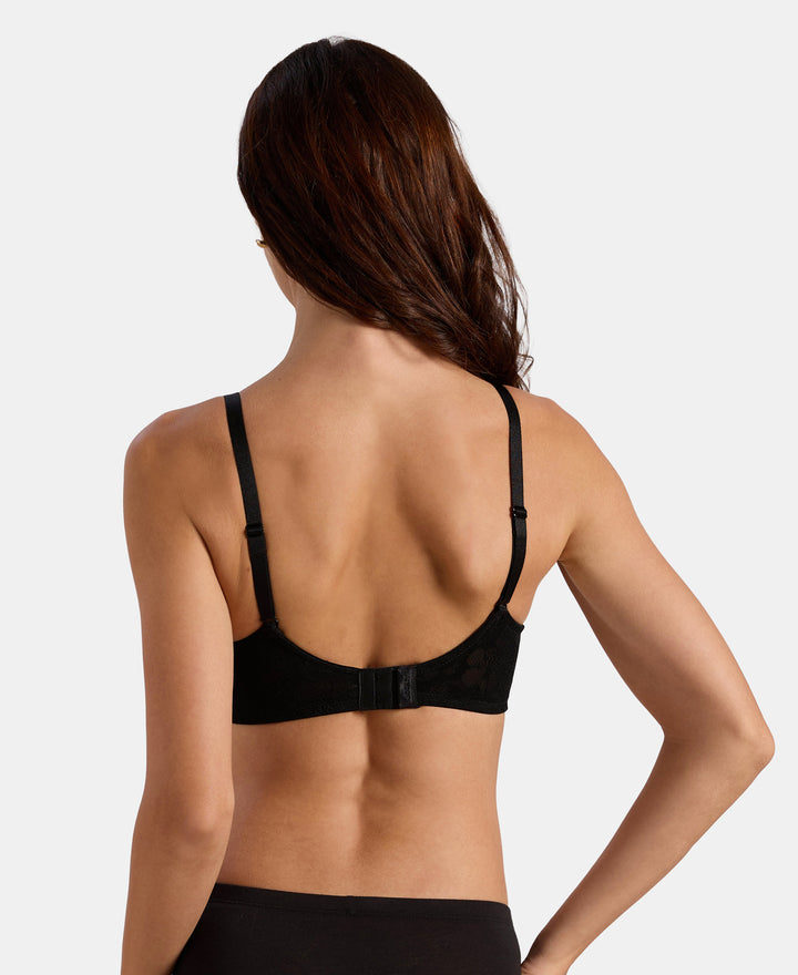 Wirefree Padded Super Combed Cotton Elastane Stretch Full Coverage T-Shirt Bra with Lace Styling on Wings - Black