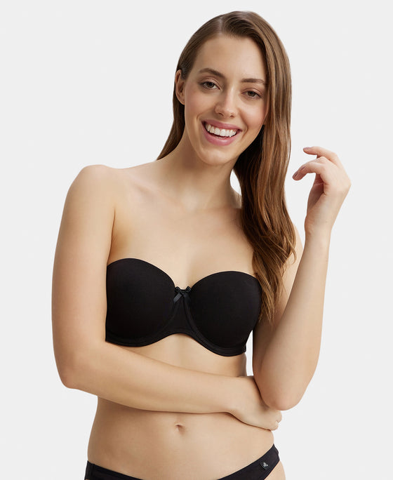 Under-Wired Padded Super Combed Cotton Elastane Stretch Full Coverage Strapless Bra with Ultra-Grip Support Band - Black