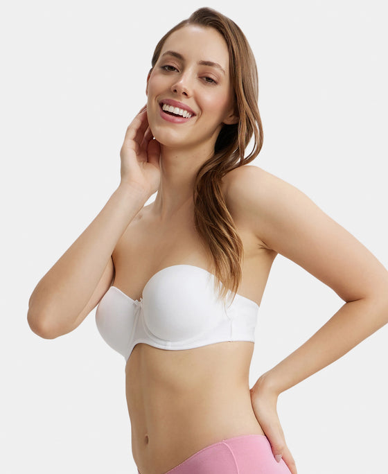 Under-Wired Padded Super Combed Cotton Elastane Stretch Full Coverage Strapless Bra with Ultra-Grip Support Band - White