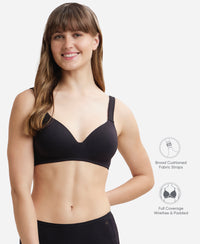 Wirefree Padded Super Combed Cotton Elastane Stretch Full Coverage Lounge Bra with Broad Cushioned Fabric Strap - Black