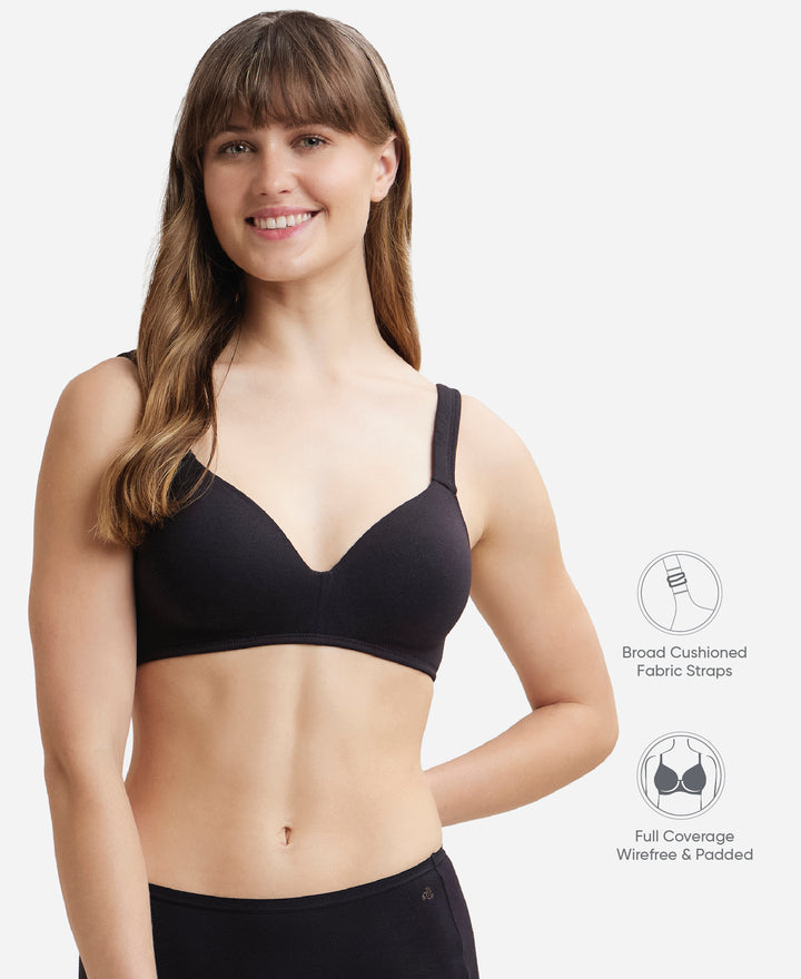 Wirefree Padded Super Combed Cotton Elastane Stretch Full Coverage Lounge Bra with Broad Cushioned Fabric Strap - Black