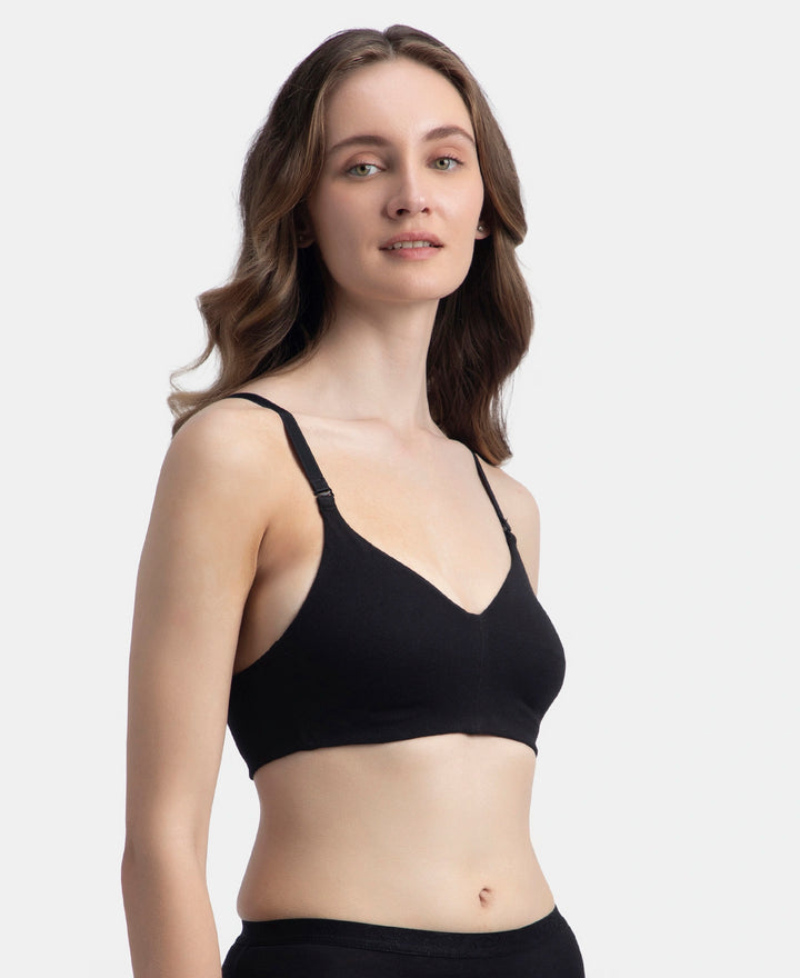 Wirefree Non Padded Super Combed Cotton Elastane Stretch Full Coverage Everyday Bra with Concealed Underband - Black