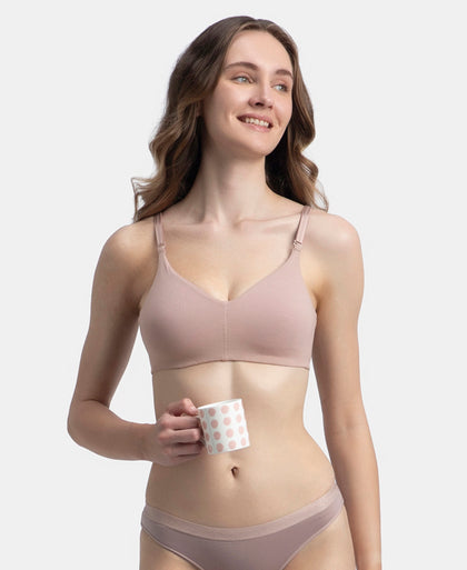 Wirefree Non Padded Super Combed Cotton Elastane Stretch Full Coverage Everyday Bra with Concealed Underband - Mocha