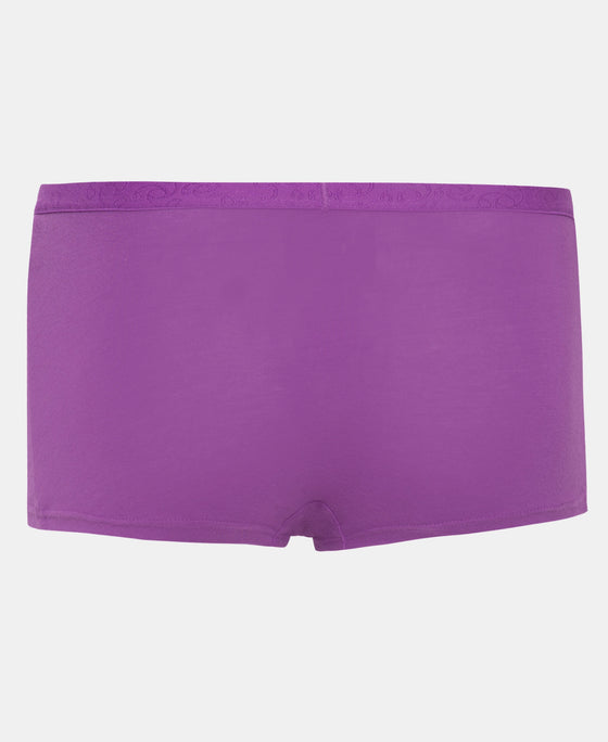 Super Combed Cotton Elastane Stretch Printed Shorts with Ultrasoft Waistband - Violet & Assorted Print (Pack of 2)