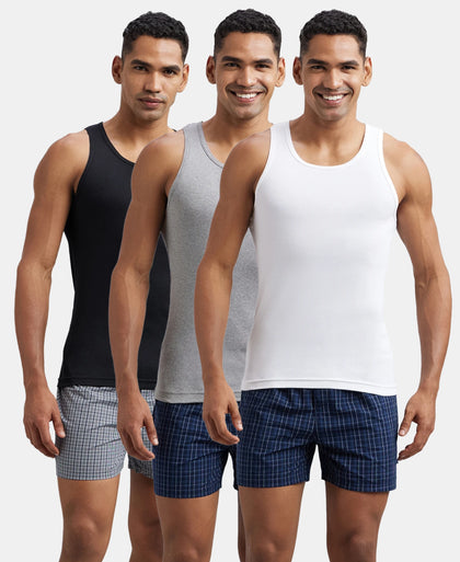 Pack of 3 Super Combed Cotton Rib Round Neck Sleeveless Vest - White-Grey Melange, Teal Green-Black & Neon Blue