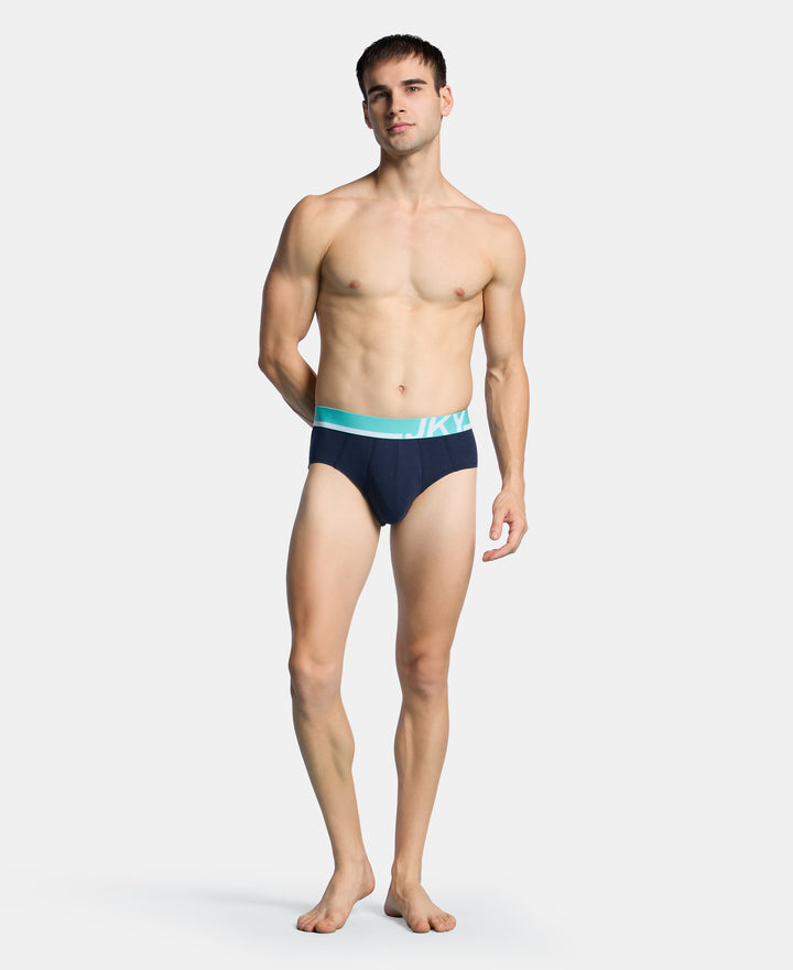 Super Combed Cotton Solid Brief with Ultrasoft Waistband and StayFresh Treatment - Navy, Turquoise & White