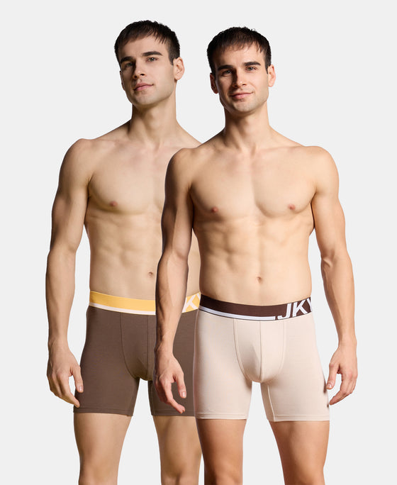 Super Combed Cotton Solid Boxer Brief with Ultrasoft Waistband and StayFresh Treatment - Major Brown & Moon Beam (Pack of 2)