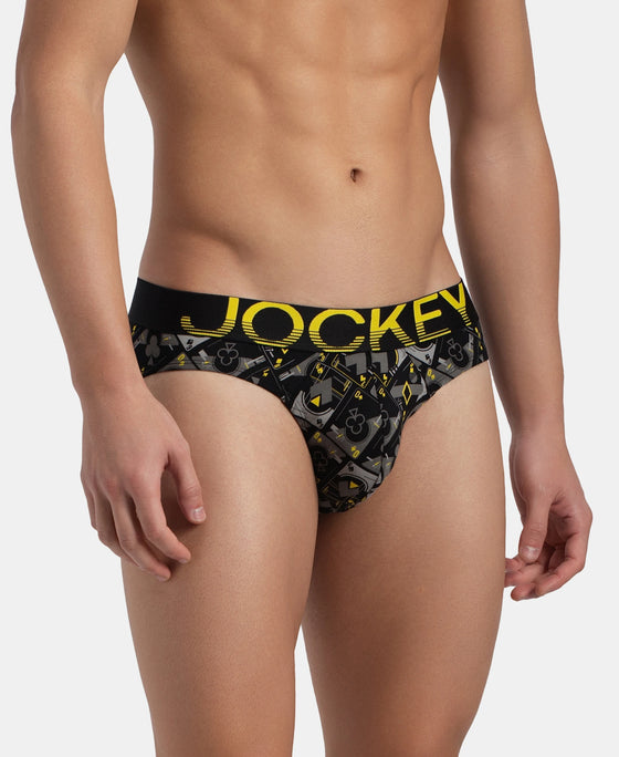 Super Combed Cotton Elastane Stretch Printed Brief with Ultrasoft Waistband - Black Empire Yellow