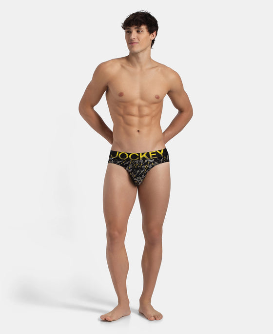 Super Combed Cotton Elastane Stretch Printed Brief with Ultrasoft Waistband - Black Empire Yellow
