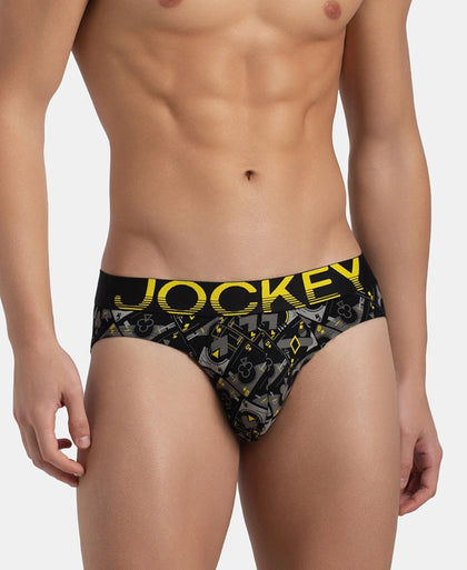 Super Combed Cotton Elastane Stretch Printed Brief with Ultrasoft Waistband - Black Empire Yellow