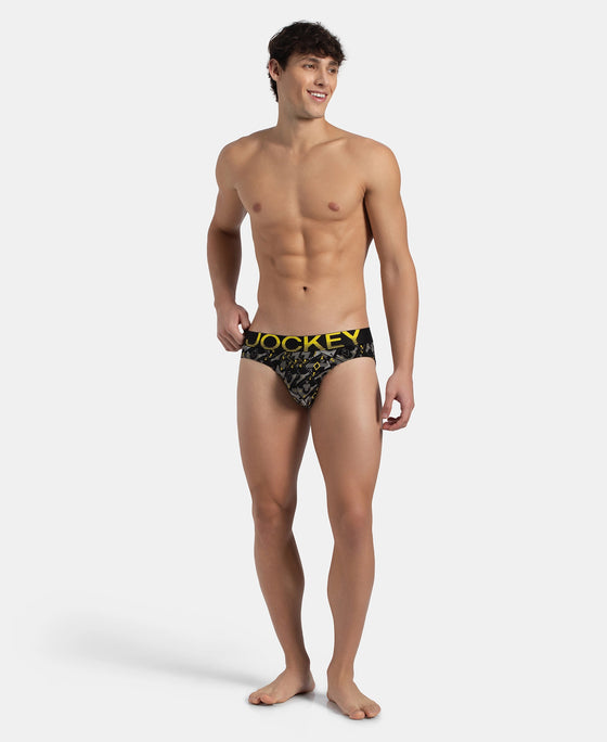 Super Combed Cotton Elastane Stretch Printed Brief with Ultrasoft Waistband - Black Empire Yellow