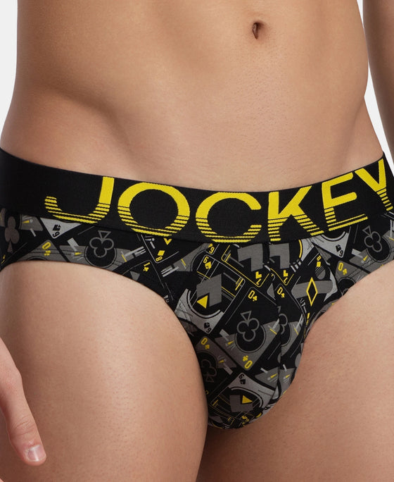 Super Combed Cotton Elastane Stretch Printed Brief with Ultrasoft Waistband - Black Empire Yellow