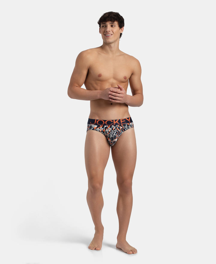 Super Combed Cotton Elastane Stretch Printed Brief with Ultrasoft Waistband - Navy Nasturtium