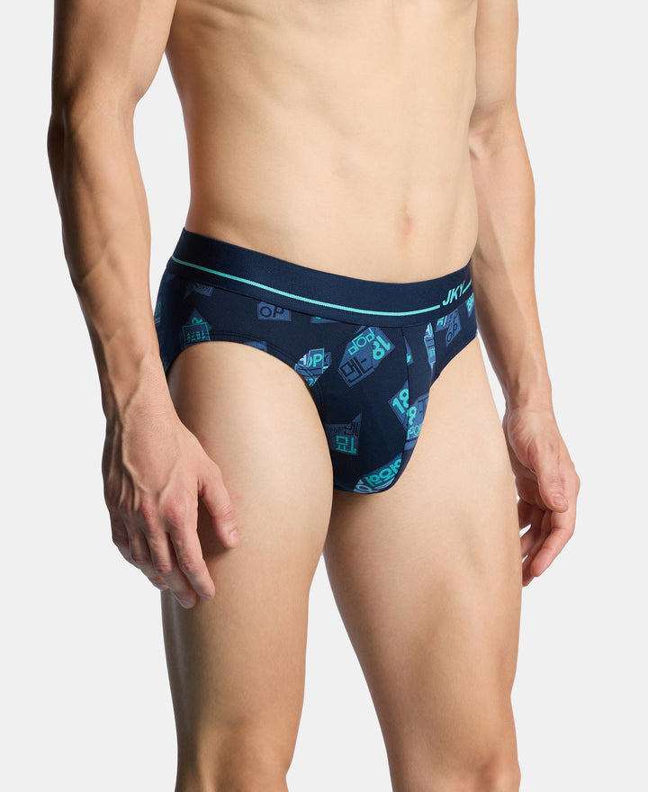 Super Combed Cotton Elastane Stretch Printed Brief with Ultrasoft Waistband - Navy & Turquoise