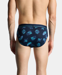 Super Combed Cotton Elastane Stretch Printed Brief with Ultrasoft Waistband - Navy & Turquoise