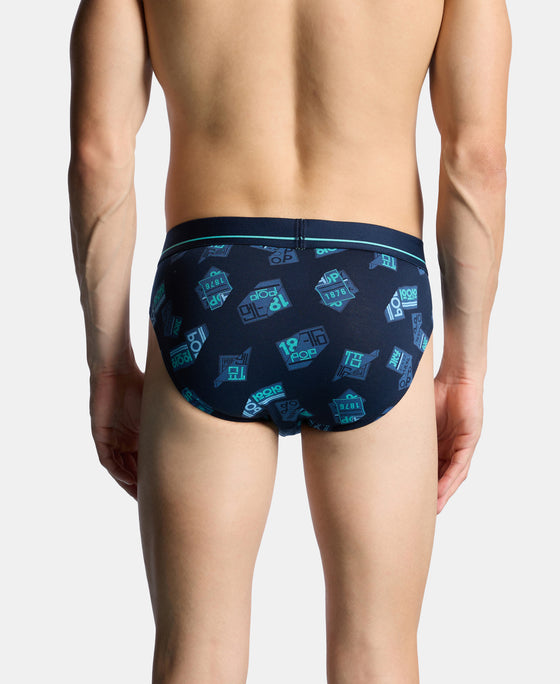 Super Combed Cotton Elastane Stretch Printed Brief with Ultrasoft Waistband - Navy & Turquoise