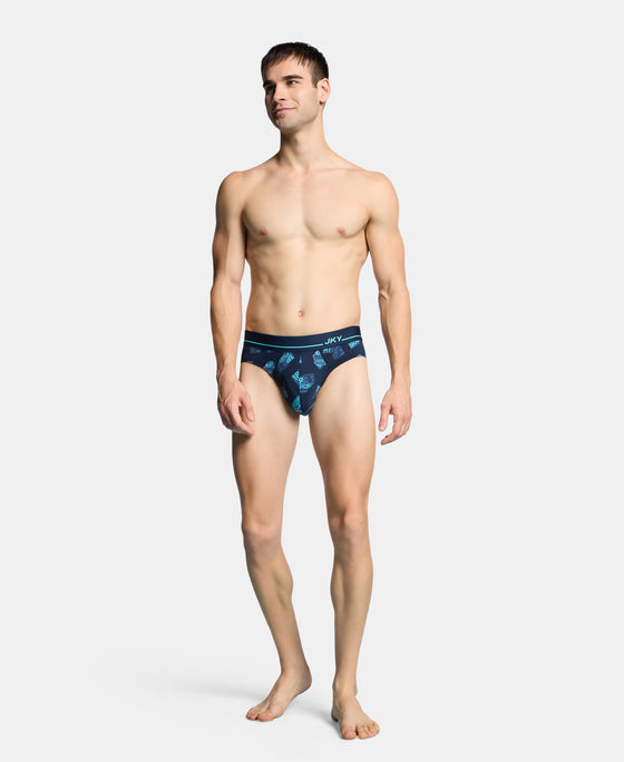 Super Combed Cotton Elastane Stretch Printed Brief with Ultrasoft Waistband - Navy & Turquoise