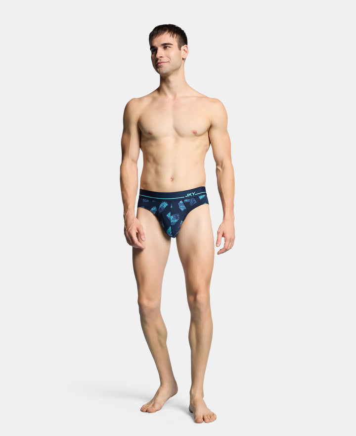 Super Combed Cotton Elastane Stretch Printed Brief with Ultrasoft Waistband - Navy & Turquoise