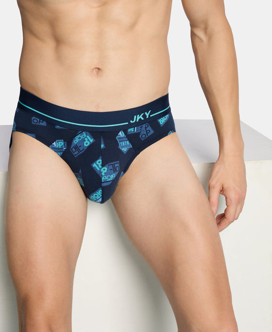 Super Combed Cotton Elastane Stretch Printed Brief with Ultrasoft Waistband - Navy & Turquoise
