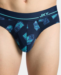 Super Combed Cotton Elastane Stretch Printed Brief with Ultrasoft Waistband - Navy & Turquoise