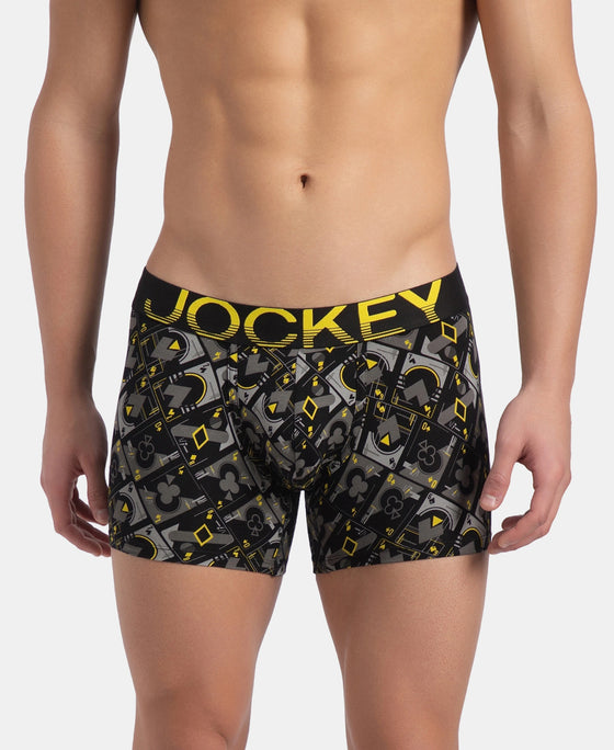 Super Combed Cotton Elastane Stretch Printed Trunk with Ultrasoft Waistband - Black Empire Yellow