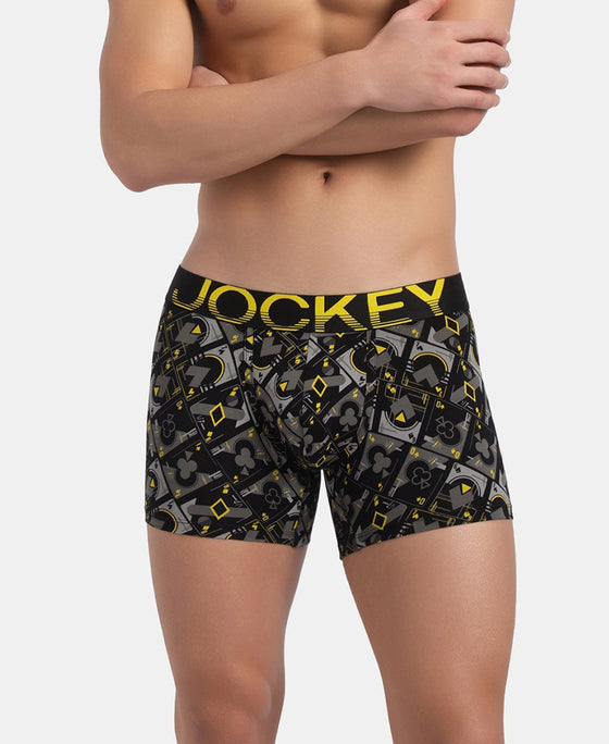 Super Combed Cotton Elastane Stretch Printed Trunk with Ultrasoft Waistband - Black Empire Yellow